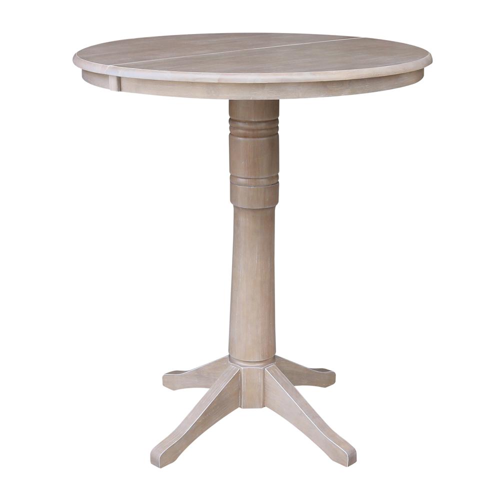 36" Round Top Pedestal Table With 12" Leaf - 40.9"H - Dining, Counter, or Bar Height, Washed Gray Taupe. Picture 9