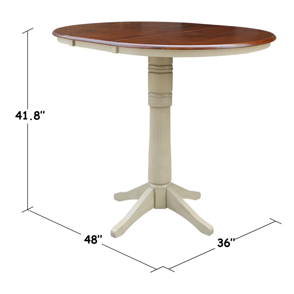 36" Round Top Pedestal Table With 12" Leaf - 40.9"H - Dining, Counter, or Bar Height, Antiqued Almond/Espresso. Picture 1
