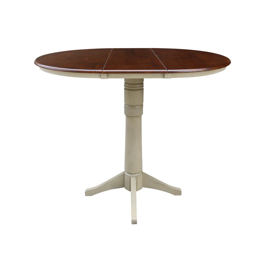 36" Round Top Pedestal Table With 12" Leaf - 40.9"H - Dining, Counter, or Bar Height, Antiqued Almond/Espresso. Picture 2