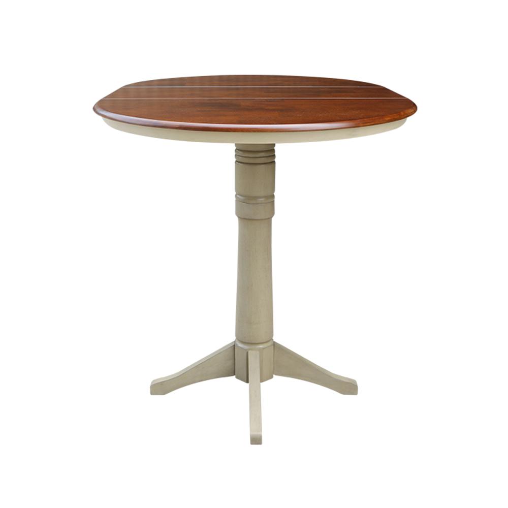 36" Round Top Pedestal Table With 12" Leaf - 40.9"H - Dining, Counter, or Bar Height, Antiqued Almond/Espresso. Picture 4