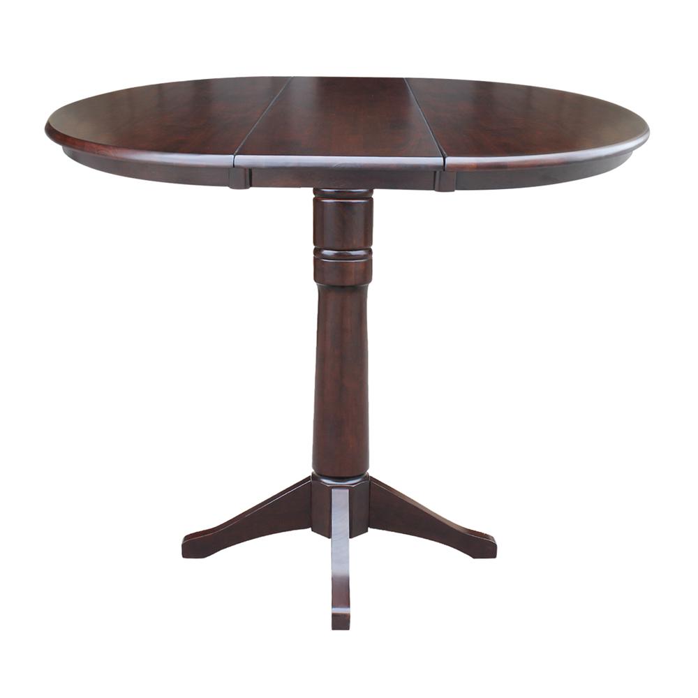 36" Round Top Pedestal Table With 12" Leaf - 40.9"H - Dining, Counter, or Bar Height, Rich Mocha. Picture 2