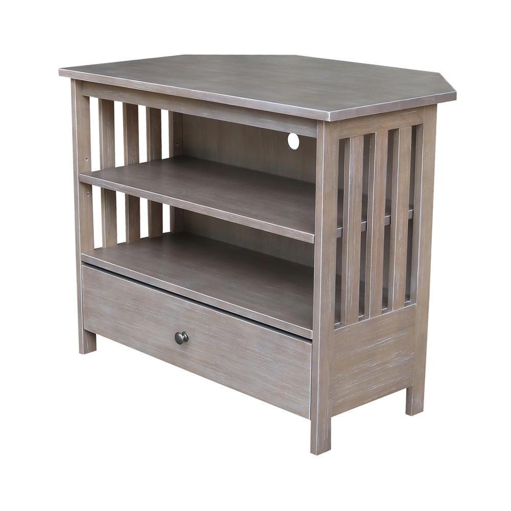 Mission Corner TV Stand, Washed Gray Taupe. Picture 1