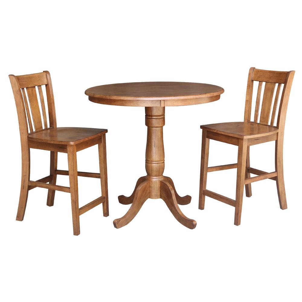 36" Round Pedestal Gathering Height Table with 2 San Remo Counter Height Stools. Picture 2