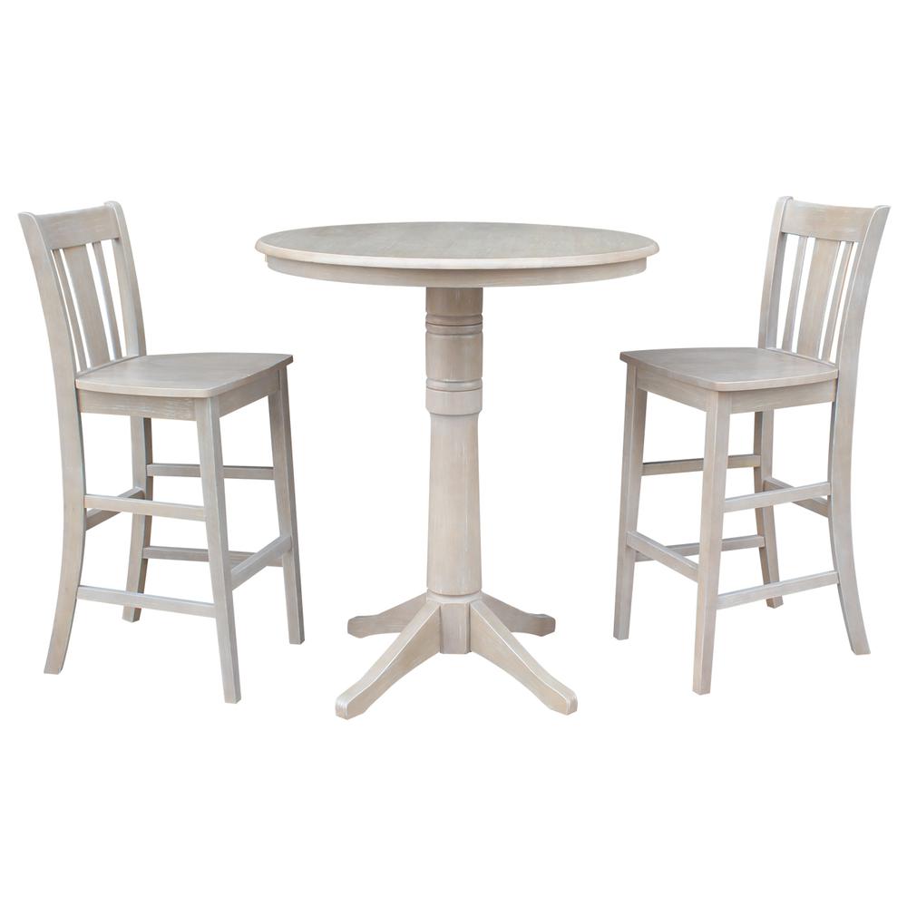 36" Round Pedestal Bar Height Table With 2 San Remo  Bar height Stools, Washed Gray Taupe. Picture 1