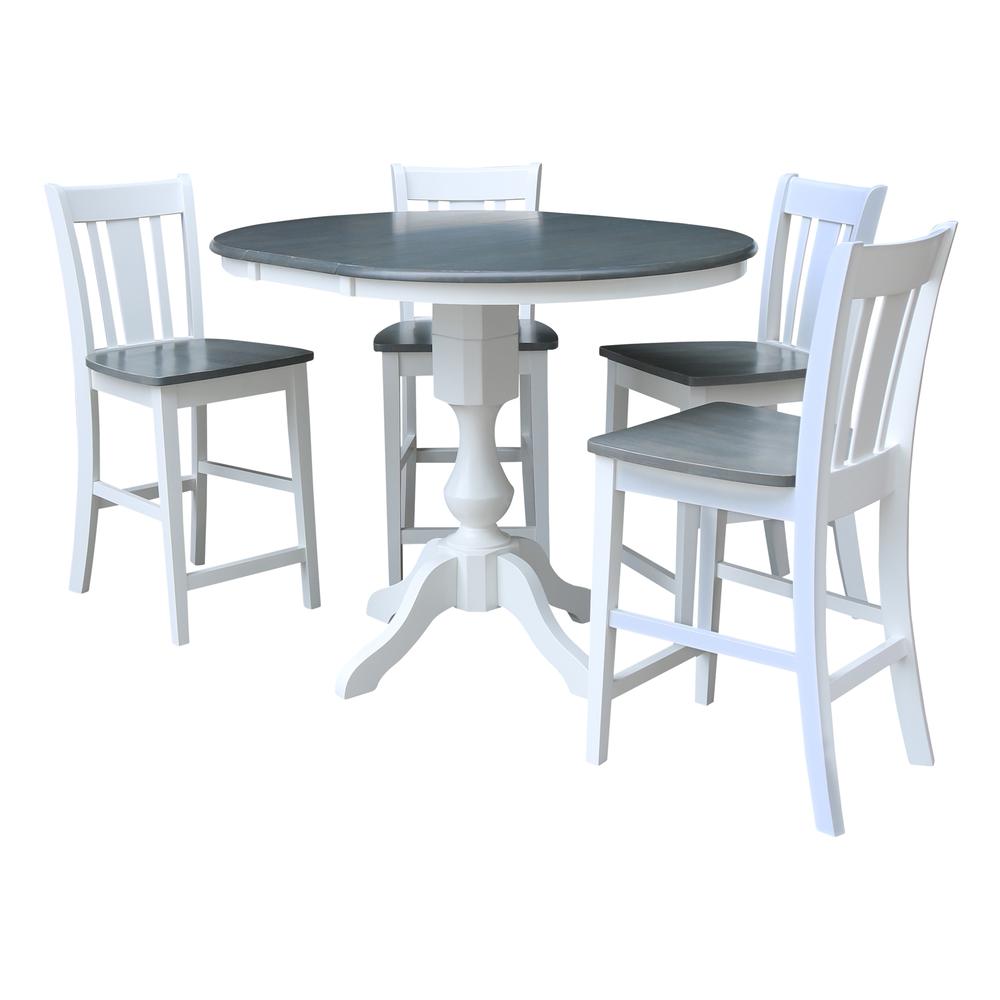 36" Round Extension Dining table with 4 San Remo Counter Height Stools - 5 Piece Dining Set, White/Heather Gray. Picture 1