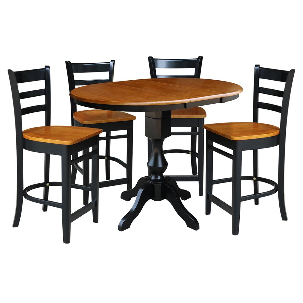 36" Round Counter Height Extension Dining Table with 12" Leaf and 4 Emily Counter Height Stools - 5 Piece Set Black / Cherry. Picture 2