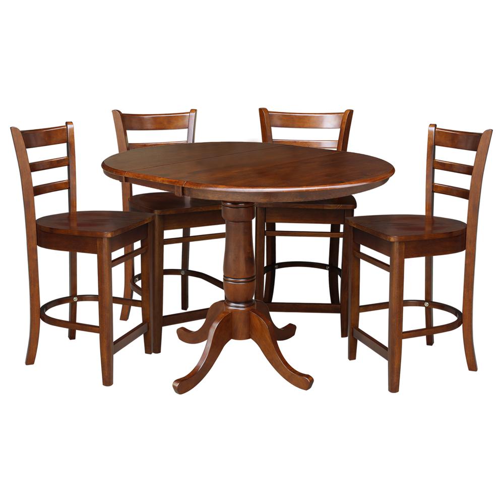 36" Round Extension Dining Table with 4 Emily Counter Height Stools - Five Piece Set, Espresso. Picture 2