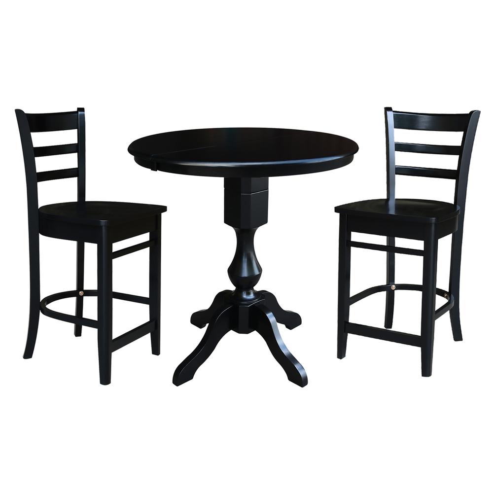 36" - Round Counter Height Extension Dining Table with 12" Leaf and 2 Emily Counter Height Stools - 3 Piece Set, Black. Picture 2