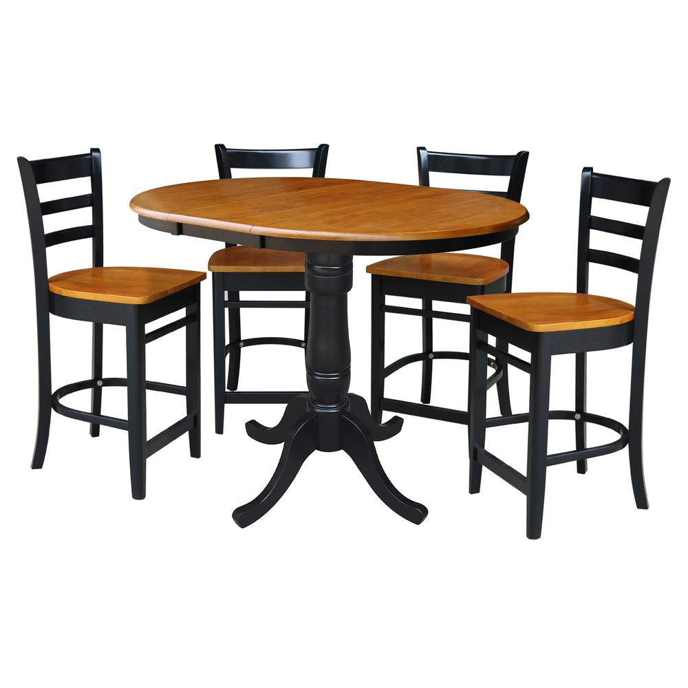 36" Round Counter Height Extension Dining Table with 12" Leaf and 4 Emily Counter Height Stools - 5 Piece Set, Black - Cherry. Picture 2