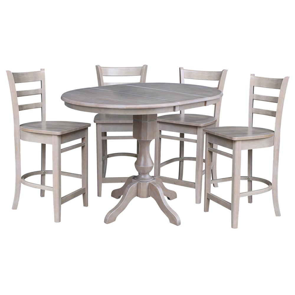 36" Round Extension Dining Table with 4 Emily Counter Height Stools - Five Piece Set, Washed Gray Taupe. Picture 2