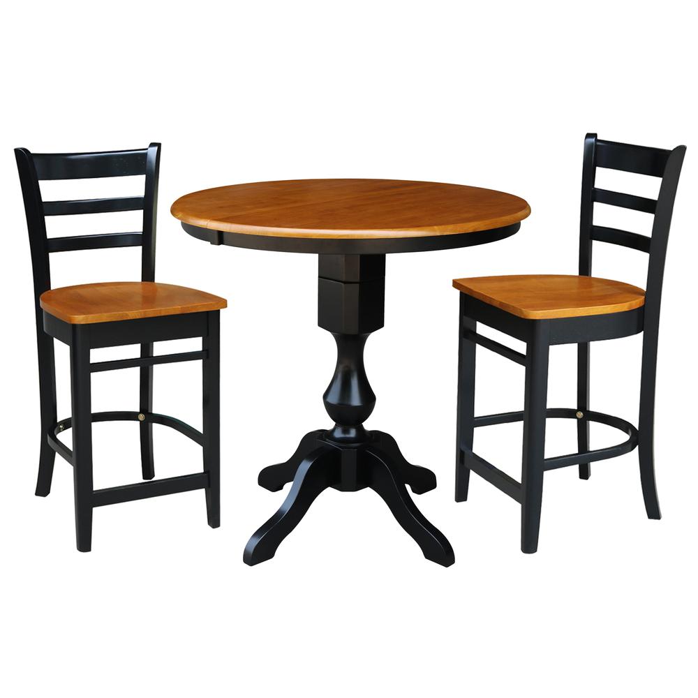 36" Round Counter Height Extension Dining Table with 12" Leaf and 2 Emily Counter Height Stools - 3 Piece Set, Black/Cherry. Picture 2