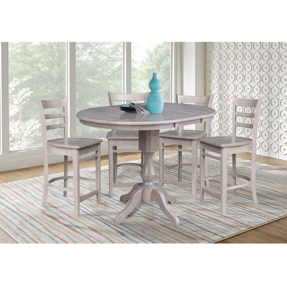 36" Round Extension Dining Table with 4 Emily Counter Height Stools - Five Piece Set, Washed Gray Taupe. Picture 1