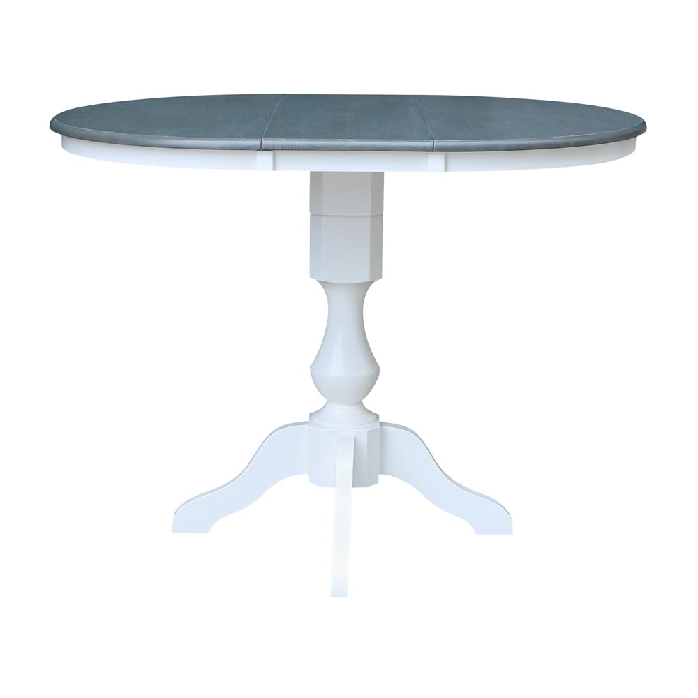 36" Round Top Pedestal Bar Height Dining Table with 12" Leaf, White/Heather Gray. Picture 4