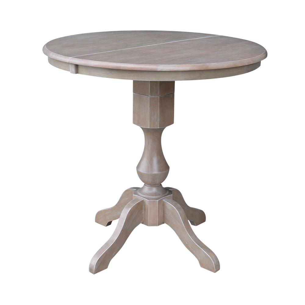 36" Round Extension Dining Table with 2 Emily Counter Height Stools - Three Piece Set, Washed Gray Taupe. Picture 3