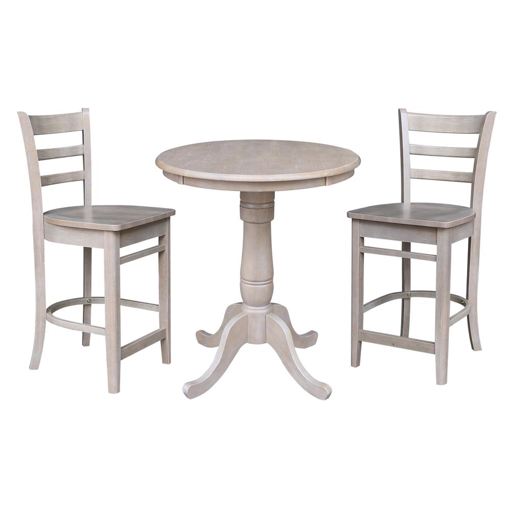 30" Round Pedestal Gathering Height Table with 2 Emily Counter Height Stools. Picture 2