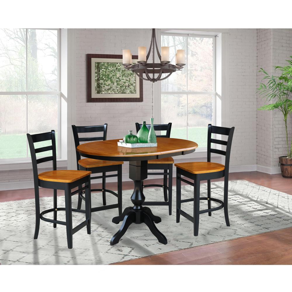 36" Round Counter Height Extension Dining Table with 12" Leaf and 4 Emily Counter Height Stools - 5 Piece Set Black / Cherry. Picture 1