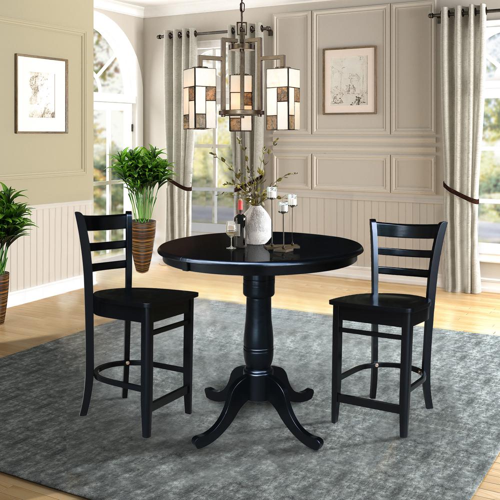 36", Round Counter Height Extension Dining Table with 12" Leaf and 2 Emily Counter Height Stools - 3 Piece Set, Black. Picture 1