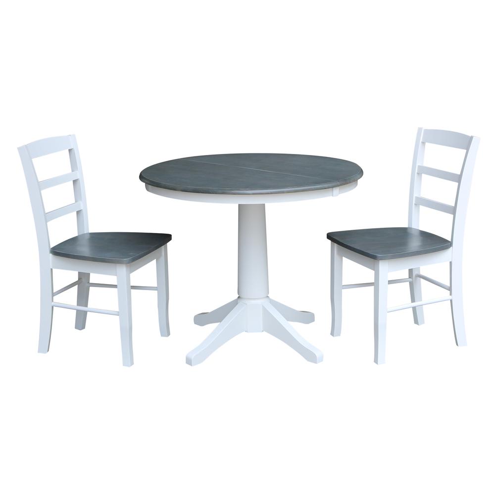 36" Round Extension Dining Table with 2 Madrid Ladderback Chairs - 3 Piece Dining Set, White,Heather Gray. Picture 2