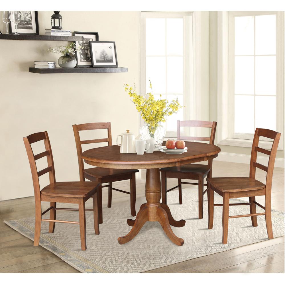 36" Round Extension Dining Table with Leaf and 4 Madrid Ladderback Chairs - Five Piece Dining Set, Distressed Oak. Picture 1