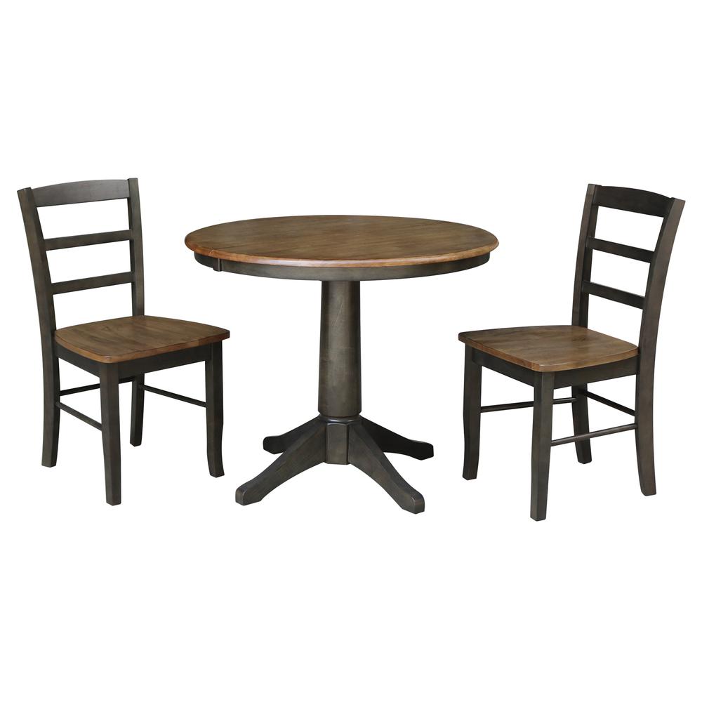 36" Round Extension Dining Table with Leaf and 2 Madrid Ladderback Chairs - 3 Piece Dining Set, Hickory-Washed coal. Picture 2