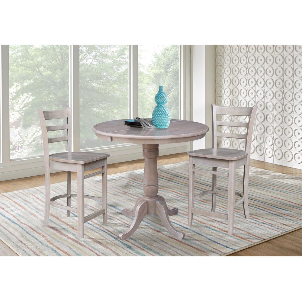 36" Round Extension Dining Table with 2 Madrid Counter Height Stools - 3 Piece Set, Washed Gray Taupe. Picture 1