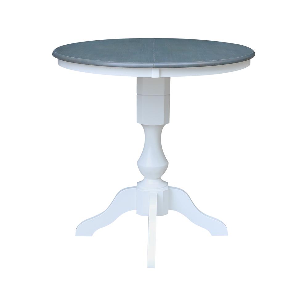 36" Round Top Pedestal Counter Height Dining Table with 12" Leaf, White/Heather Gray. Picture 3