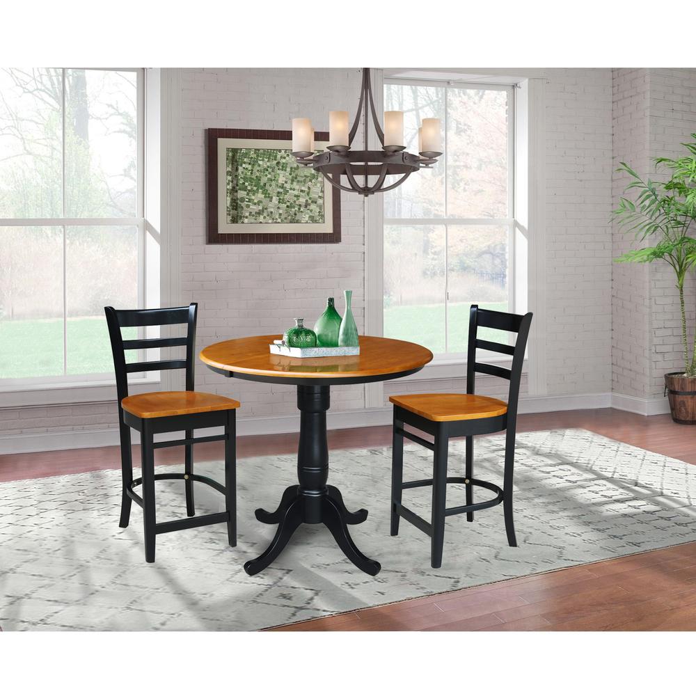 36" Round Counter Height Extension Dining Table with 12" Leaf and 2 Emily Counter Height Stools - 3 Piece Set, Cherry/Black. Picture 1