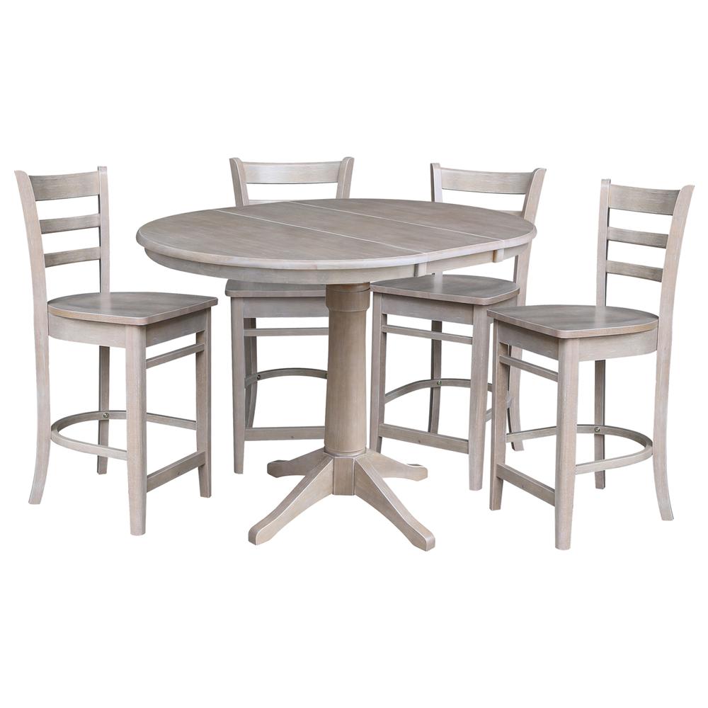 36" Round Extension Dining Table with 4 Emily Counter Height Stools - 5 Piece Set, Washed Gray Taupe. Picture 2