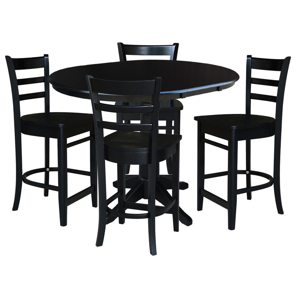 36" Round Counter Height Extension Dining Table with 12" Leaf and 4 Emily Counter Height Stools - 5 Piece Set, Black. Picture 2