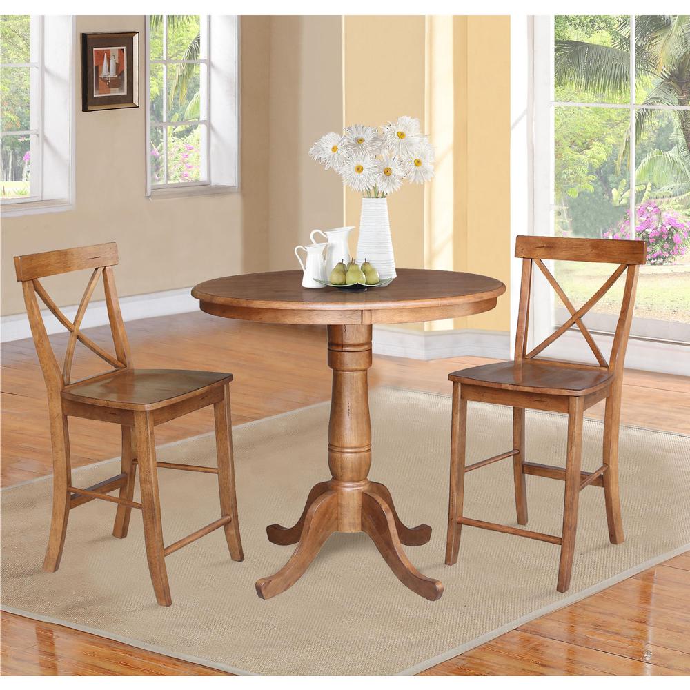 36" Round Pedestal Gathering Height Table with 2 X-Back Counter Height Stools. Picture 1