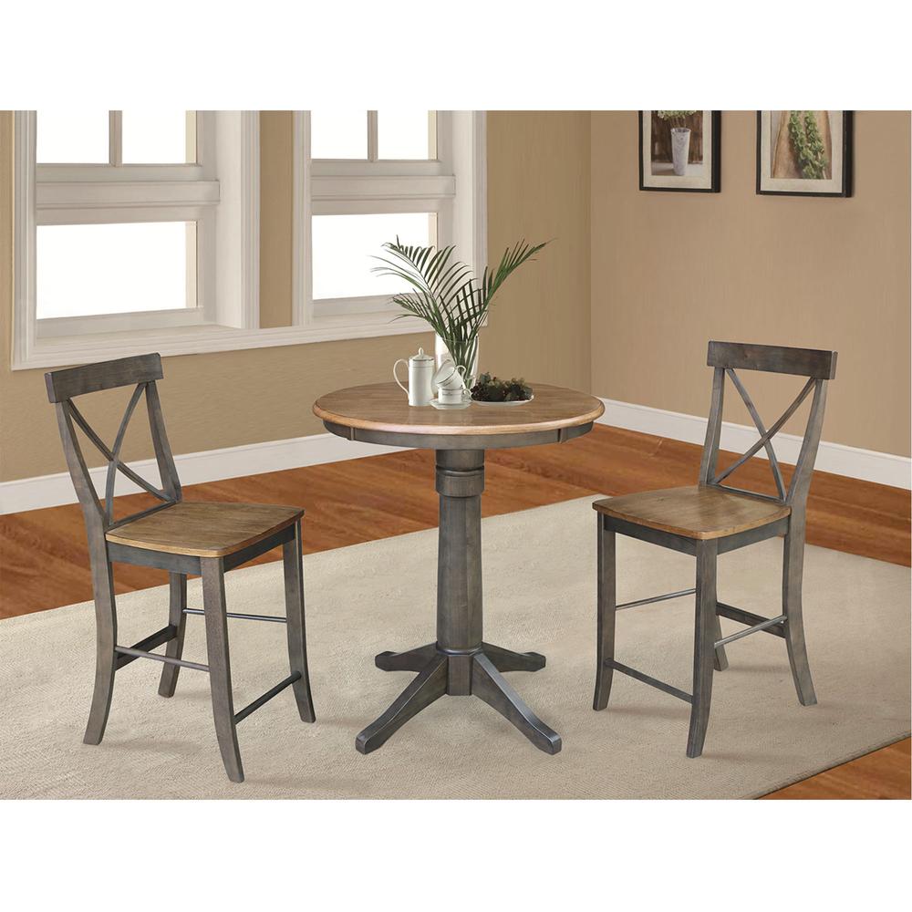 30" Round Pedestal Gathering Height Table With 2 X-Back Counter Height Stools. Picture 2