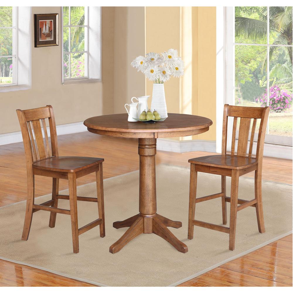 36" Round Pedestal Gathering Height Table with 2 San Remo Counter Height Stools. Picture 1