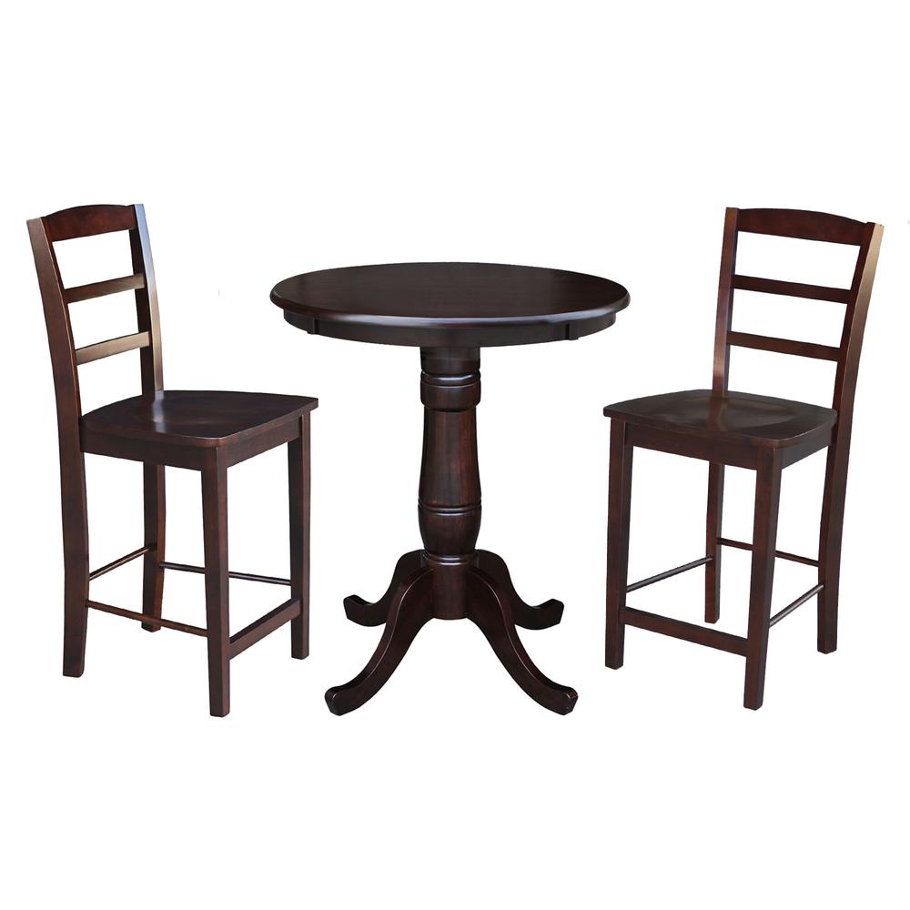 30" Round Top Pedestal Dining Table with 2 Madrid Counter Height Stools. Picture 2