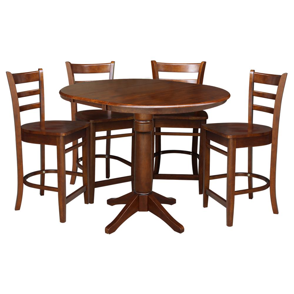 36" Round Extension Dining Table with 4 Emily Counter Height Stools - 5 Piece Set, Espresso. Picture 2