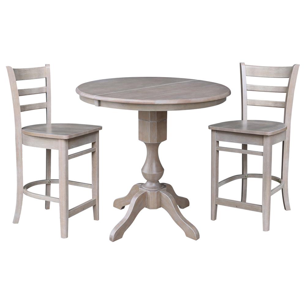 36" Round Extension Dining Table with 2 Emily Counter Height Stools - Three Piece Set, Washed Gray Taupe. Picture 2