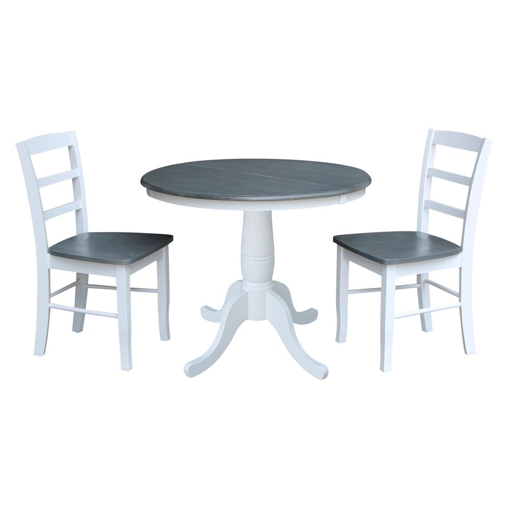 36" Round Extension Dining Table with 2 Madrid Ladderback Chairs - 3 Piece Dining Set, White/Heather Gray. Picture 2