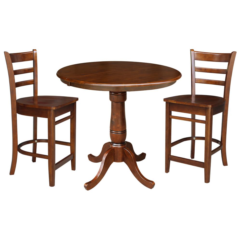 36" Round Extension Dining Table with 2 Emily Counter Height Stools-3 Piece Set, Espresso. Picture 2