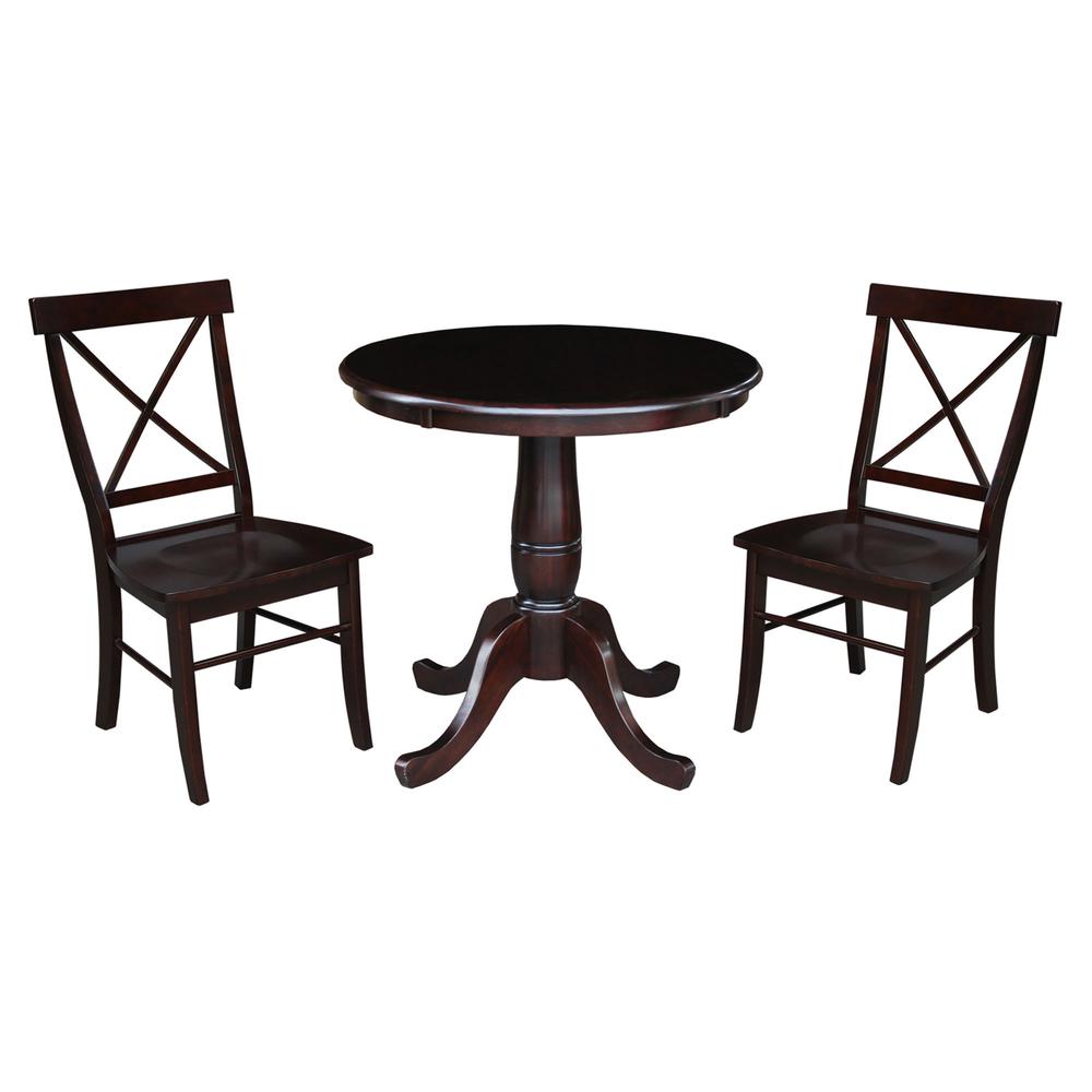 30" Round Top Pedestal Dining Table with 2 X-Back Chairs - 3 Piece Dining Set. Picture 2