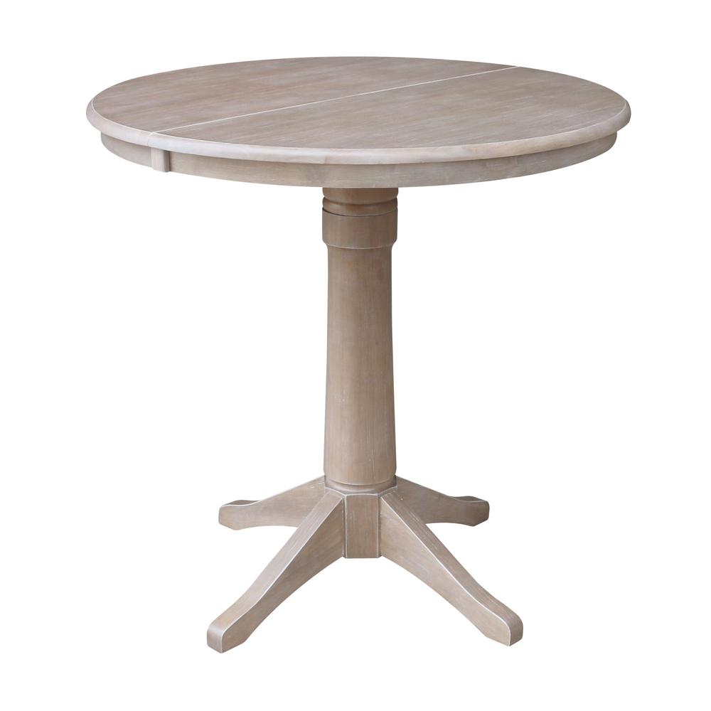 36" Round Extension Dining Table with 2 Emily Counter Height Stools - 3 Piece Set, Washed Gray Taupe. Picture 3