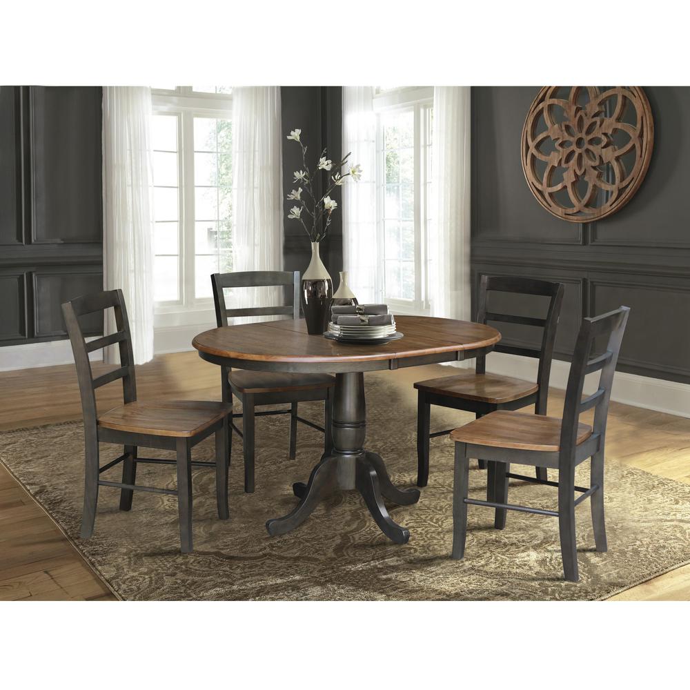 36" Round Extension Dining Table with Leaf and 4 Madrid Ladderback Chairs - 5 Piece Dining Set, Hickory/Washed coal. Picture 1