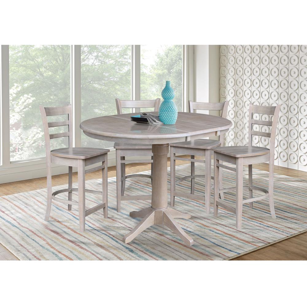 36" Round Extension Dining Table with 4 Emily Counter Height Stools - 5 Piece Set, Washed Gray Taupe. Picture 1