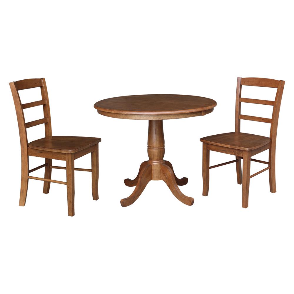 36" Round Extension Dining Table with Leaf and Two Madrid Ladderback Chairs - 3 Piece Dining Set, Distressed Oak. Picture 2