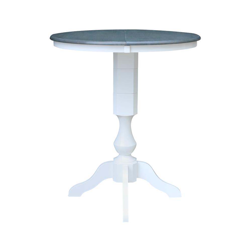 36" Round Top Pedestal Bar Height Dining Table with 12" Leaf, White/Heather Gray. Picture 3