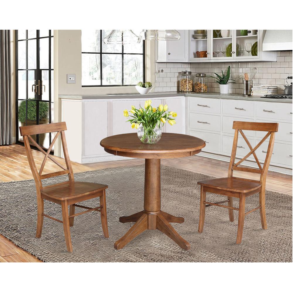 30" Round Top Pedestal Table with 2 X-Back Chairs - 3 Piece Set. Picture 1