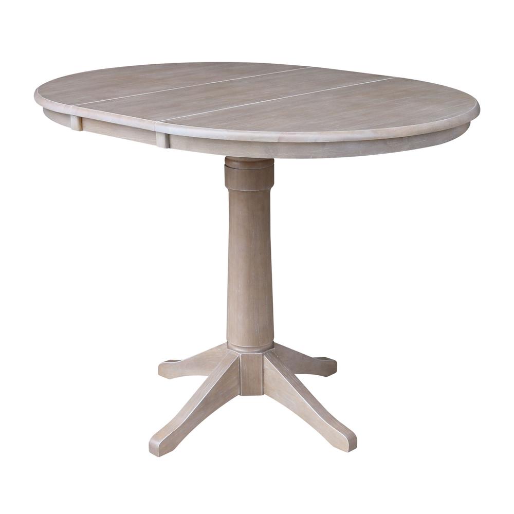 36" Round Extension Dining Table with 4 Emily Counter Height Stools - 5 Piece Set, Washed Gray Taupe. Picture 3