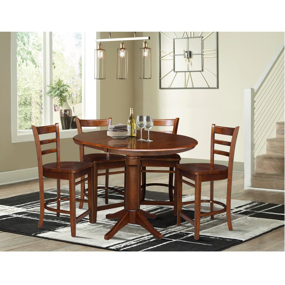 36" Round Extension Dining Table with 4 Emily Counter Height Stools - 5 Piece Set, Espresso. Picture 1
