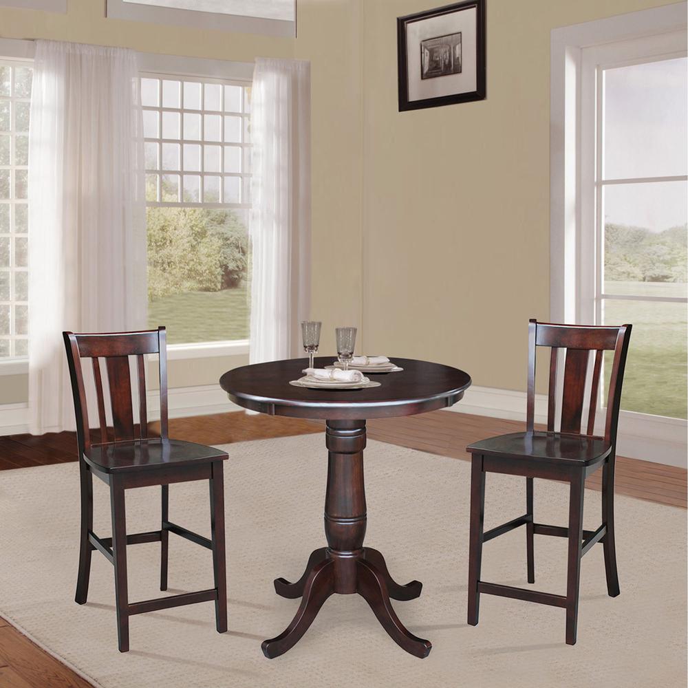 30" Round Top Pedestal Dining Table with 2 San Remo Counter Height Stools. Picture 1