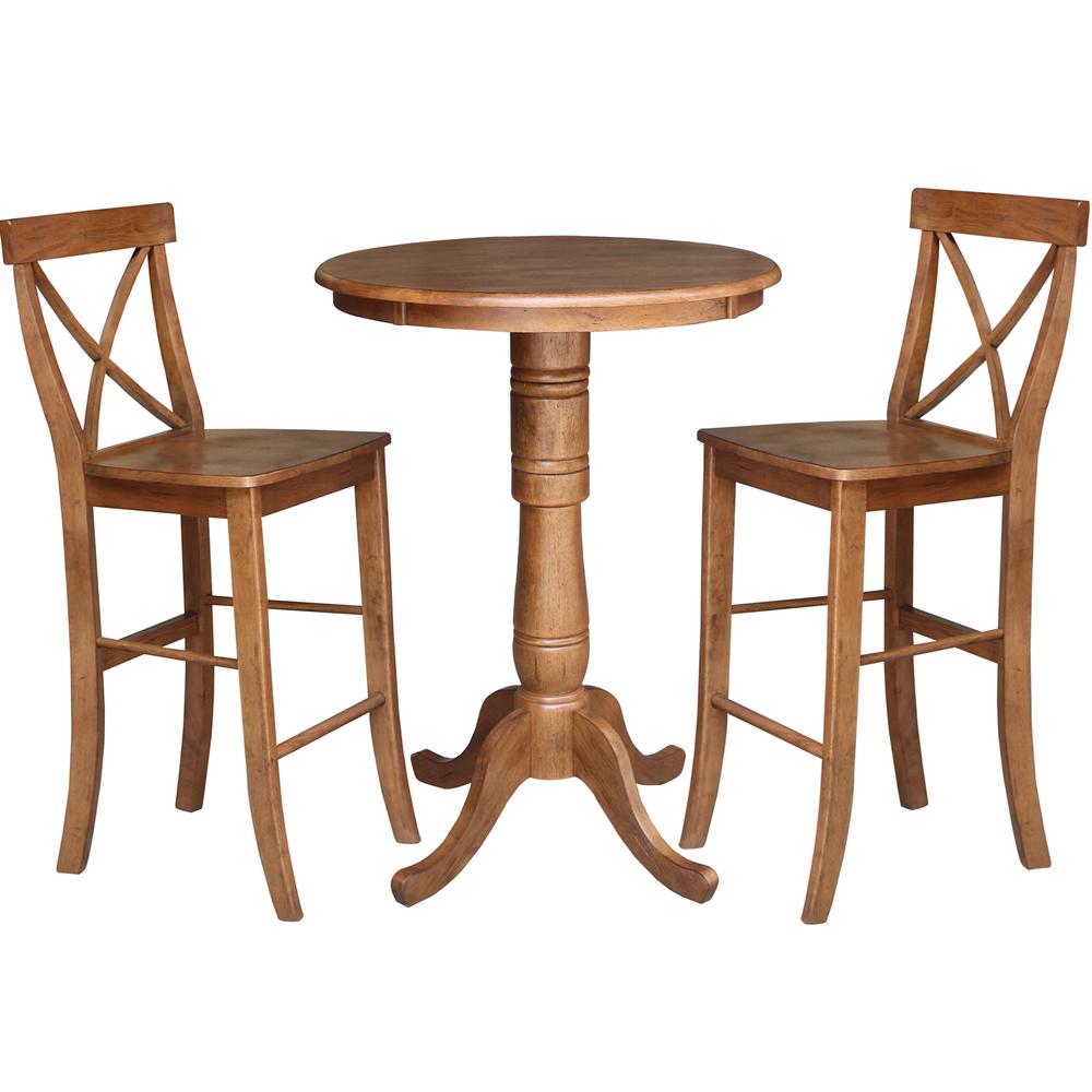 30" Round Pedestal Bar Height Table with 2 X-Back BarHeight Stools - 3 Piece Set. Picture 1