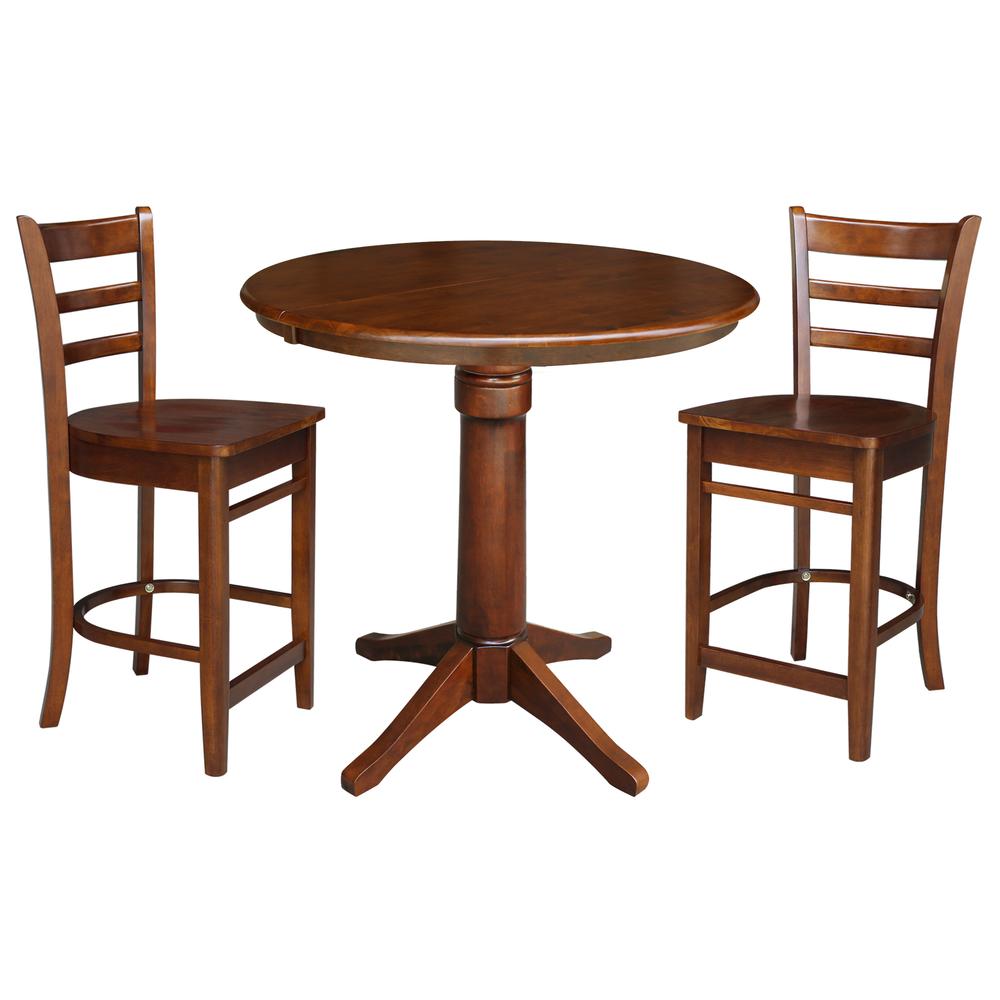 36" Round Extension Dining Table with 2 Emily Counter Height Stools - 3 Piece Set, Espresso. Picture 2