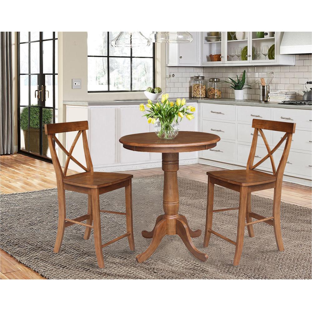 30" Round Pedestal Gathering Height Table with 2 X-Back Counter Height Stools. Picture 2
